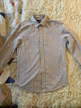 GAP Men's Blue and White Checked Dress Shirt